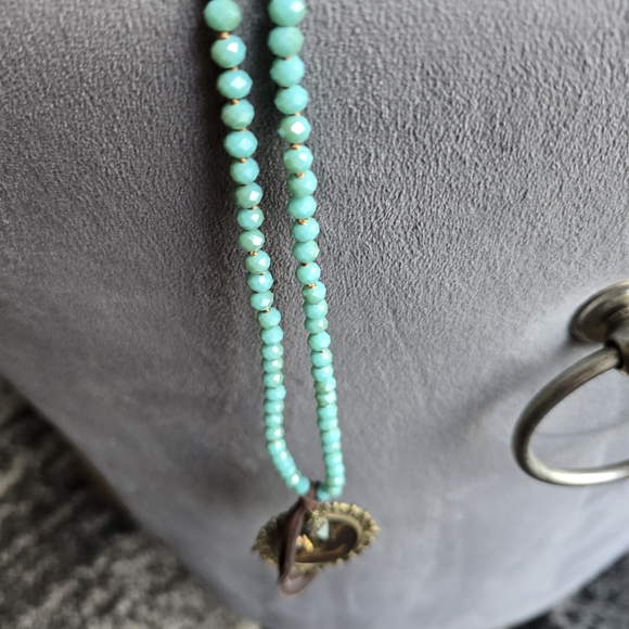 Upcycled Long Turquoise Beaded Necklace W Bronze LV Pendant 36inches - Picture 3 of 10